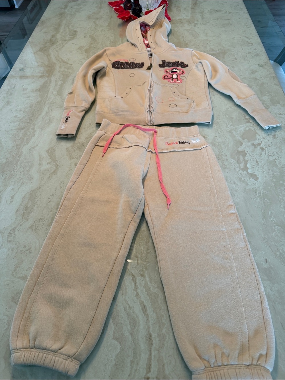 Bobby Jack Kids 2 pc Beige Fleece Jogger Pants with Pink Drawstring